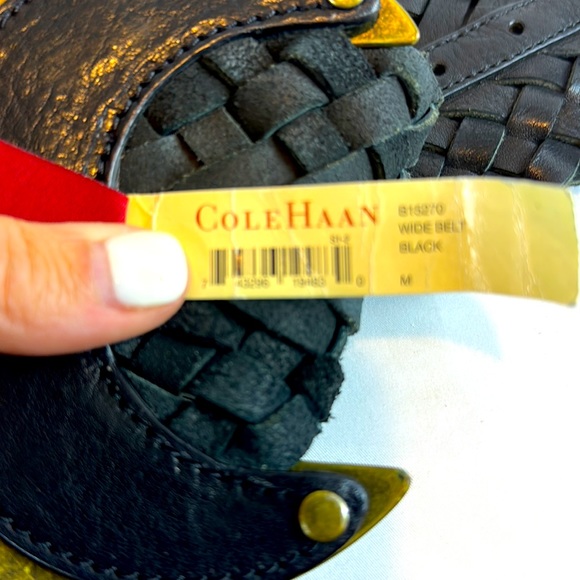 Cole Haan Size Medium Black braided wide belt with brass Crescent buckle. - Picture 7 of 8